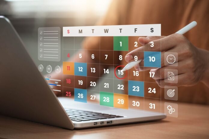 Time management and scheduling concept with calendar, checklist, and task planning for productivity, project management, deadline tracking, and efficient organization of daily activities.